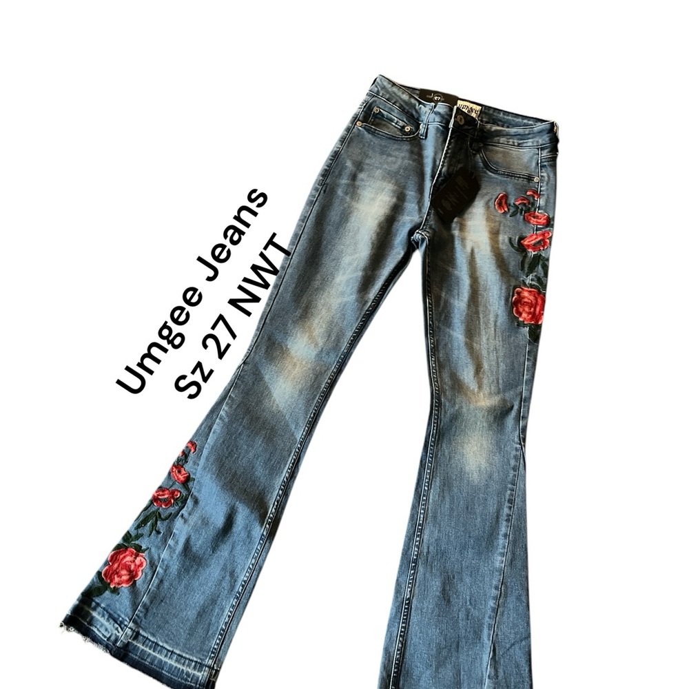Umgee Blue Flare Wide Leg Jeans with Floral Embroidery
